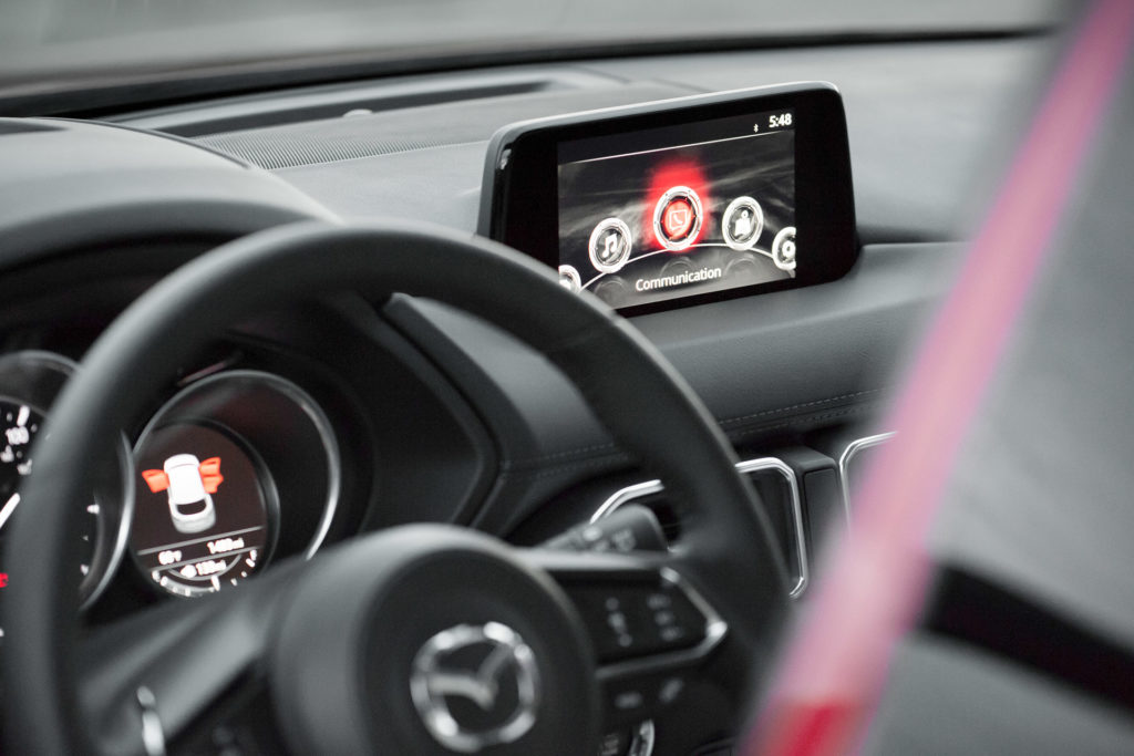 Soul Red 2018 Mazda CX-5 SKYACTIV-G interior display steering wheel dash closeup detail automotive photography