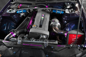 Nissan RB26DETT engine swap in Midnight Purple III S15 Silvia Super Street magazine engine bay automotive photography