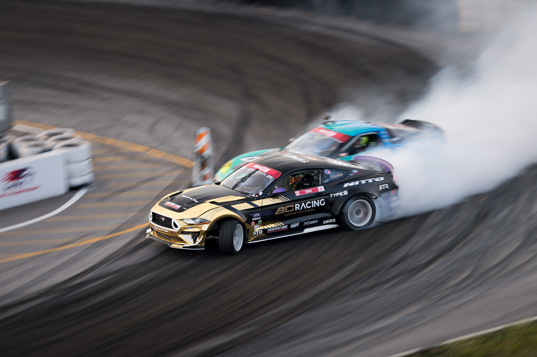 Chelsea DenoFa Nitto Tire Ford Mustang RTR drifting at Formula D Pro drifting championship 2020 double header Round 2 at St. Louis, motorsports photography by Luke Munnell